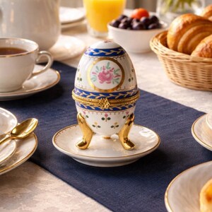 Peut inclure: Une boîte à bijoux en forme d'œuf ornée d'un motif floral, d'accents dorés et d'une bordure bleue, posée sur une soucoupe assortie avec des pieds dorés. La boîte fait partie d'un petit-déjeuner avec du thé, du jus et des pâtisseries.