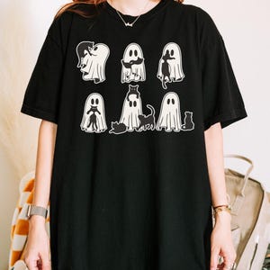 Halloween Black Cat & Ghost Comfort Colors Shirt, Halloween Ghost Tshirt, Spooky Season Cat Tee, Halloween Cute Women Outfit, Halloween Gift