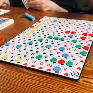 May include: A board game with a grid of numbers and card suits, with colored markers. Playing cards and a red lid are on a wooden table. People are holding playing cards.