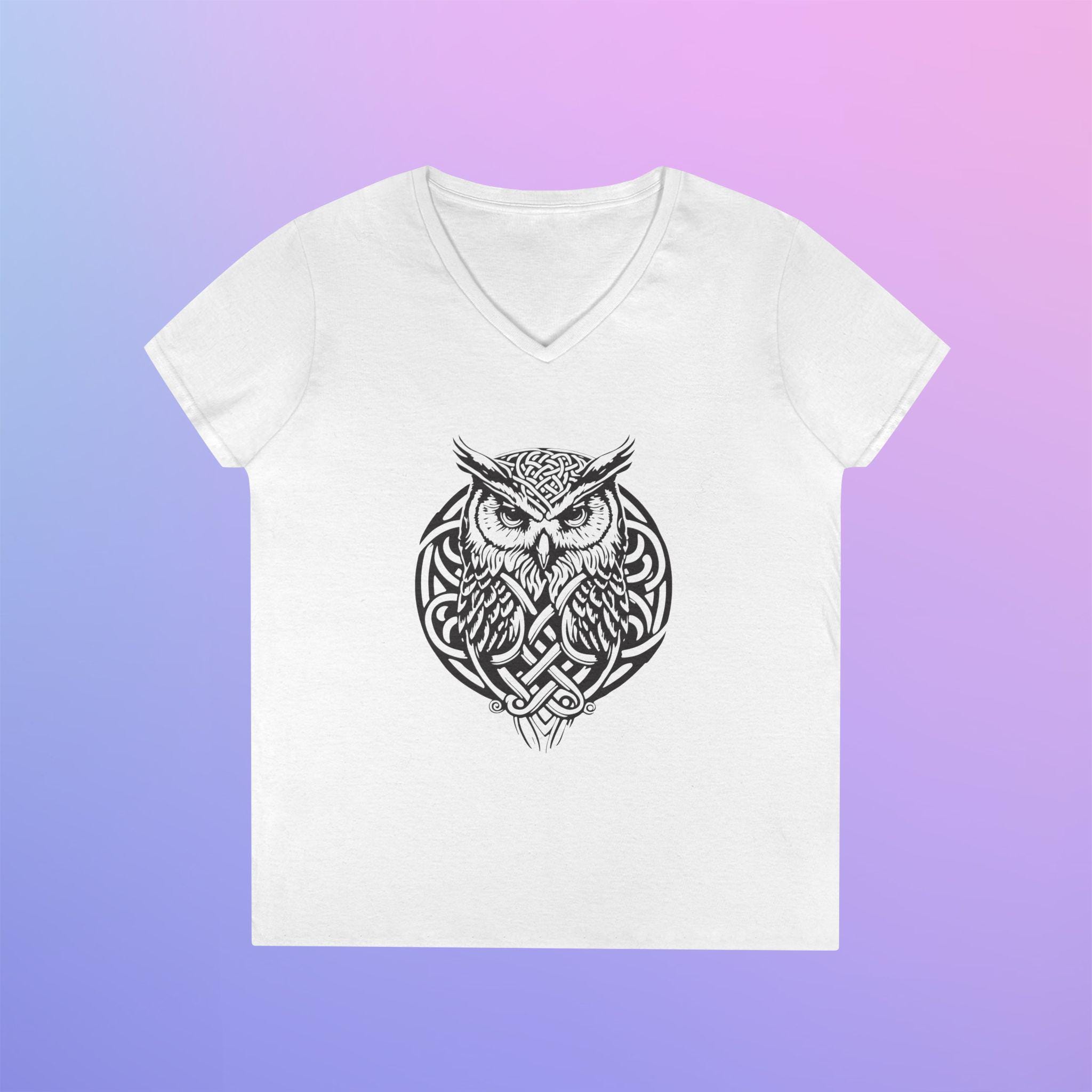 Celtic Owl Knotwork V-Neck T-Shirt | Nordic Tribal Owl Tee
