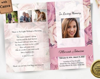 Editable Funeral Program Template - White and Pink Roses - Canva Celebration of Life - Printable Obituary Brochure