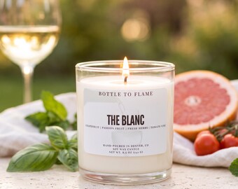 Candela di soia Blanc / Regalo a tema vino Sauvignon Blanc, fragranza di pompelmo ed erbe aromatiche, regalo per gli amanti del vino, colata a mano