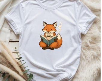 Fox Book Reading Shirt: Cotton Funny Animal Caffeine Lover Graphic Tee