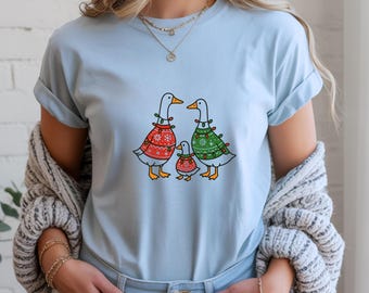 Camiseta navideña de patos: Camiseta divertida para amantes de los animales, ideal para las fiestas. Top de algodón para mujer.