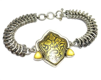 Damascene Shield Bracelet Sterling Silver with 24Kt Gold and citrine accents Handmade ARK Amy Kahn Rusell Chain Mail NEW old Stock JAC