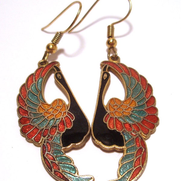 Cloisonne earrings Multi Color Black Swan with Brass Enamel - Vintage