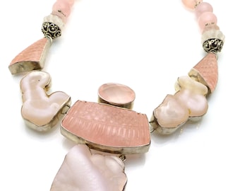 Statement Necklace Sterling Silver AKR Amy Kahn Russell Carved Rose Quartz Smithsonite Carving Pink Handmade New Old Stock JAC