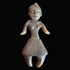 Puede incluir: Figurilla estilizada en tonos grises de una persona con los brazos extendidos y una prenda similar a una falda. La figura tiene una cabeza triangular y está de pie con las piernas separadas. La figurilla está sobre un fondo negro.