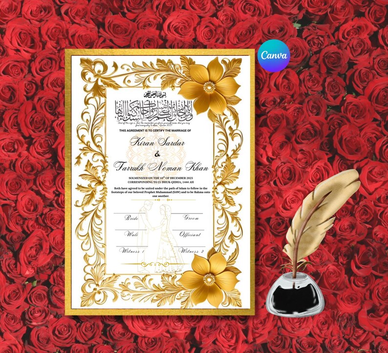 Elegant Golden Nikkah Template, Editable Canva, Digital Nikkanama ...
