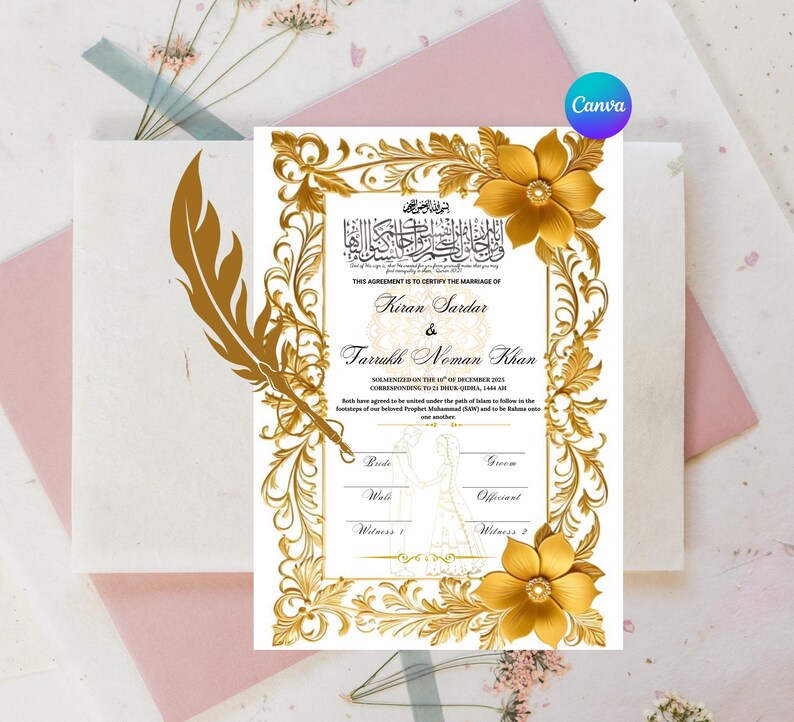 Elegant Golden Nikkah Template, Editable Canva, Digital Nikkanama ...