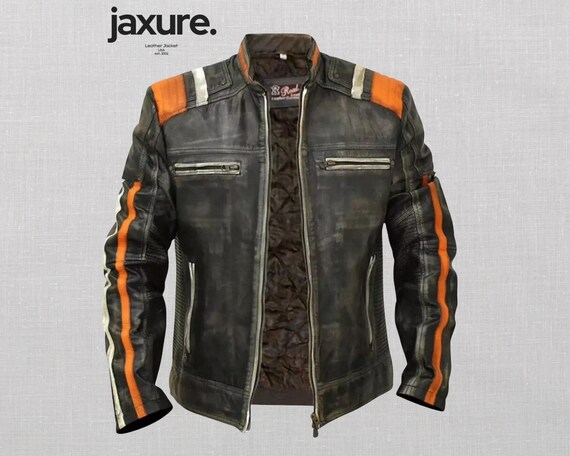 Mens Cafe Racer Distressed Black Vintage Motorcycle Biker Retro Leather Jacket
