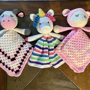 Handmade Crochet Lovey Blanket – Cow, Unicorn, or Lamb Security Blanket | Baby Shower Gift | Soft Snuggle Toy