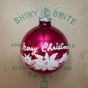 Vintage Shiny Brite Stenciled Merry Christmas Poinsettia Red Large Ornament