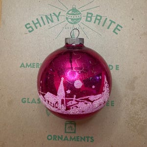 Vintage Shiny Brite Schablonen Dorf Szene große rosa Ornament