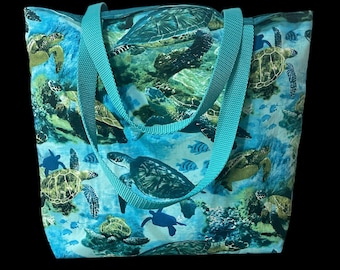 Tote Bag with Ocean Life Theme, Sea Turtles -  Fully Lined and Padded Tote Bag with Shoulder Straps, 16"x12" with 4" boxed bottom