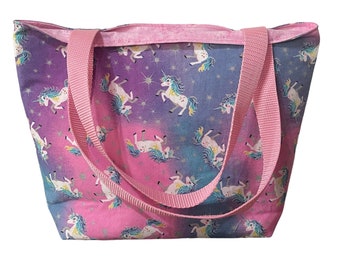 Tote Bag with Unicorns -  Fully Lined and Padded Tote Bag with Shoulder Straps, 13"x9" with 4" boxed bottom