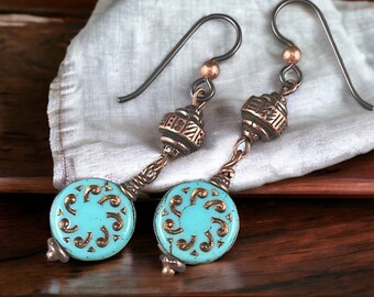 Lightweight Boho Dangle Earrings, Turquoise Czech Glass and TierraCast Copper Beads with Niobium Ear Wires