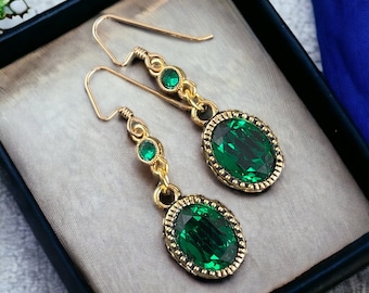 Emerald Green Dangle Earrings, Green Faceted Oval in Antiqued Gold Bezel with 14k Gold Filled Ear Wires, Emerald Crystal Dangle Earrings