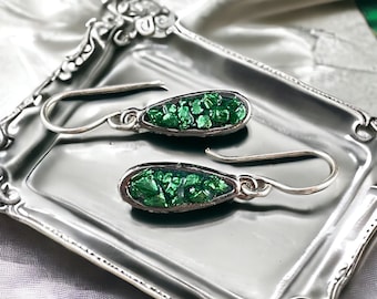 Emerald Green and Silver Teardrop Earrings ~ Fine Silver Plated Bezel with Glitter Glass and Sterling Silver Ear Wires ~ Green Bling