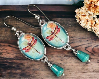 Dragonfly Earrings, Turquoise and Orange Dragonfly Cabochons with Czech Glass Teardrop and Niobium Ear Wires