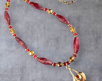 Red and Gold Necklace, Beaded with 24k Gold Plated Pendant - 18" Length