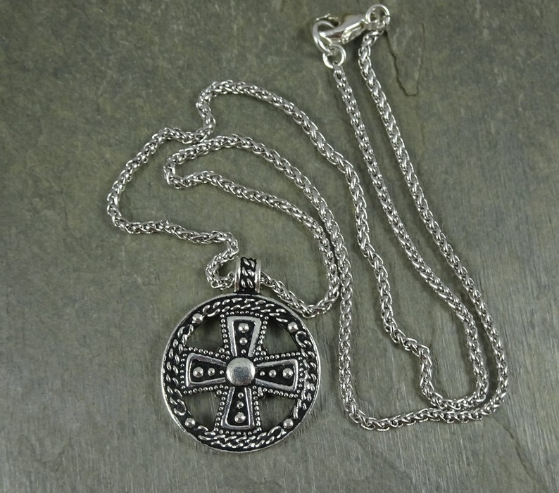 Silver Cross Necklace Antiqued Silver Necklace Doubloon Pendant Rhodium Rope Chain with Opulence Pendant Silver Opulence Necklace