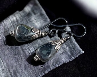 Black Teardrop Earrings, Black Picasso Beads ~ Short Dangle Earrings, Czech Glass  Beads and Oxidized Silver Bead Caps, Niobium Ear Wires