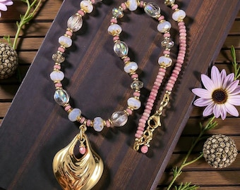 Light Pink and Gold Heart Pendant Necklace with Czech Glass Beads, 24k Gold Plated Pendant