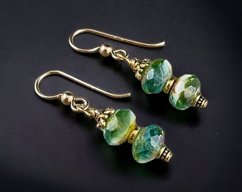 Green and Gold Earrings ~ Beaded Earrings ~ Czech Glass Beads in Aqua, Peridot and White with 14k Gold Filled Ear Wires