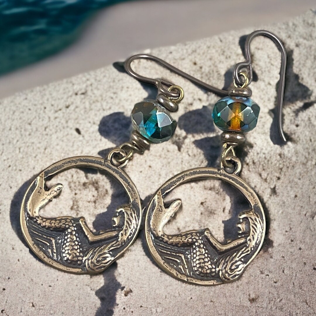 Mermaid Earrings, Rustic Nautical Theme Earrings, Brass Charms, Czech ...