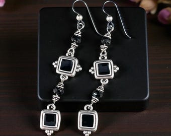 Boho Geometric Dangle Earrings, Antiqued Silver and Black Links with Niobium Ear Wires