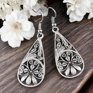 Ornate Silver Teardrop Earrings, Hypo-allergenic Ear Wires, Antiqued Silver Earrings