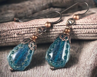 Aegean Blue Picasso Teardrop Earrings, Rustic Boho Dangle Earrings, Lightweight Glass Earrings, Ocean Blue and Copper Women's Earrings