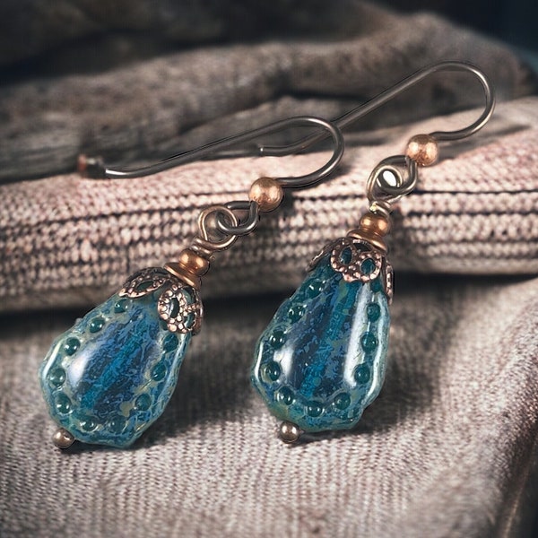 Aegean Blue Picasso Teardrop Earrings, Rustic Boho Dangle Earrings, Lightweight Glass Earrings, Ocean Blue and Copper Women's Earrings
