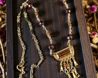 Sophisticated Gold Necklace, Topaz Enamel Chandelier Pendant with Czech Glass, Decorative Gold Chain