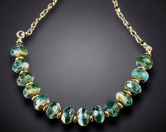 Green Aqua and Gold Necklace ~ Aqua, Peridot and White Czech Glass Beads with Quality Findings and 22k Gold Plated Chain