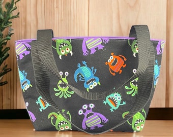 Tote Bag with Colorful Monsters -  Fully Lined and Padded Tote Bag with Shoulder Straps, 12"x7" with 4" boxed bottom