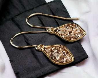 Golden Earrings ~ 22k Gold Plated Bezel with Crushed Gold Glitter Glass, Gold Plated Stainless Steel Ear Wires ~ Earrings with Bling