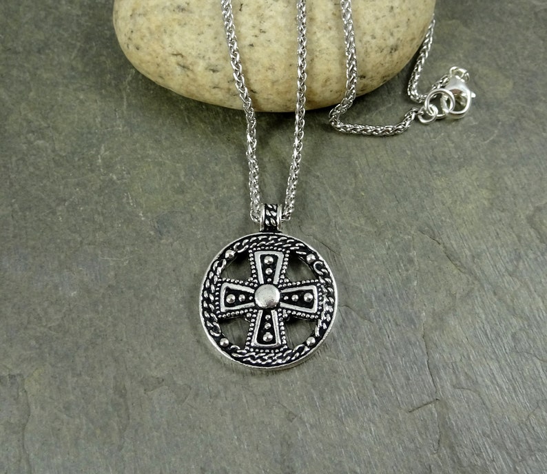 Silver Cross Necklace Antiqued Silver Necklace Doubloon Pendant Rhodium Rope Chain with Opulence Pendant Silver Opulence Necklace