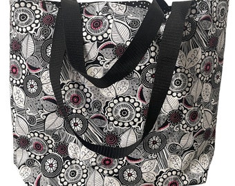 Black and White Tote Bag with Floral Theme - Fully Lined and Padded Tote Bag with Shoulder Straps, 16"x12" with 4" boxed bottom