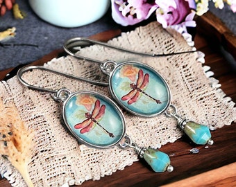 Dragonfly Earrings, Turquoise and Orange Dragonfly Cabochons with Czech Glass Teardrop and Stainless Steel Ear Wires