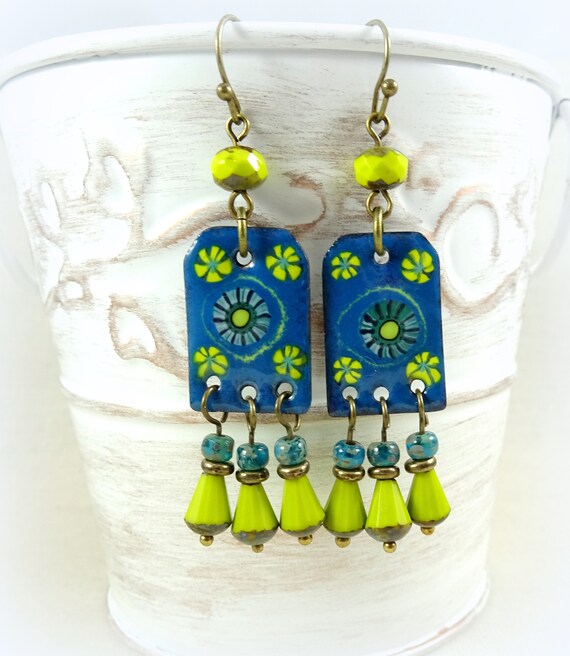 Denim Blue Earrings And Lime Green Chartreuse Image 0