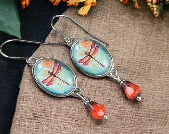 Dragonfly Earrings, Turquoise and Orange Dragonfly Cabochons with Czech Glass Teardrop and Stainless Steel Ear Wires