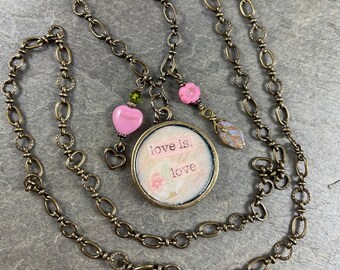 Love is Love, Specialty Chain, Long Chain Necklace with Love Pendant, Glass Beads and Heart Charm, Brass Vintage Style Necklace