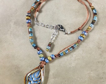 Bohemian, Casual Style, Blue and Green Necklace, Artisan Ceramic Pendant with Czech Glass Beads and Silver Chain