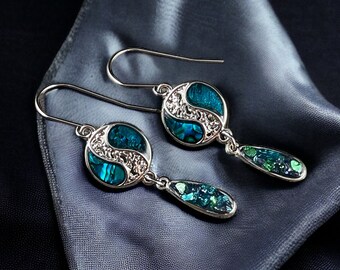 Sapphire, Emerald, Capri Blue and Silver Dangle Earrings ~ Multi-Color Link and Glitter Glass Teardrop - Blue Green Earrings with Bling