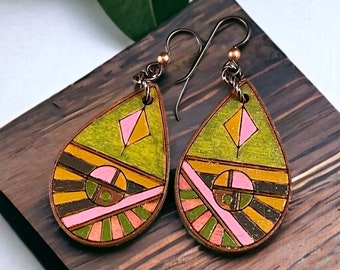 Geometric Design, Boho Lightweight Wooden Dangle Earrings, Hand Painted Nature Theme Jewelry, Niobium Ear Wires, Earth Tone Colors