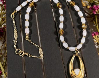 Ivory and Gold Necklace, Czech Glass and 24k Gold Plated Pendant, Nickel Free