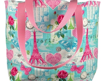 Tote Bag with Paris Theme -  Fully Lined and Padded Tote Bag with Shoulder Straps, 16"x12" with 4" boxed bottom, I Love Paris Tote