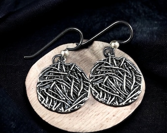 Simple Silver Earrings, Antiqued Silver Circular Dangles, Hypoallergenic Ear Wires, Nature Earrings, Simplistic Style